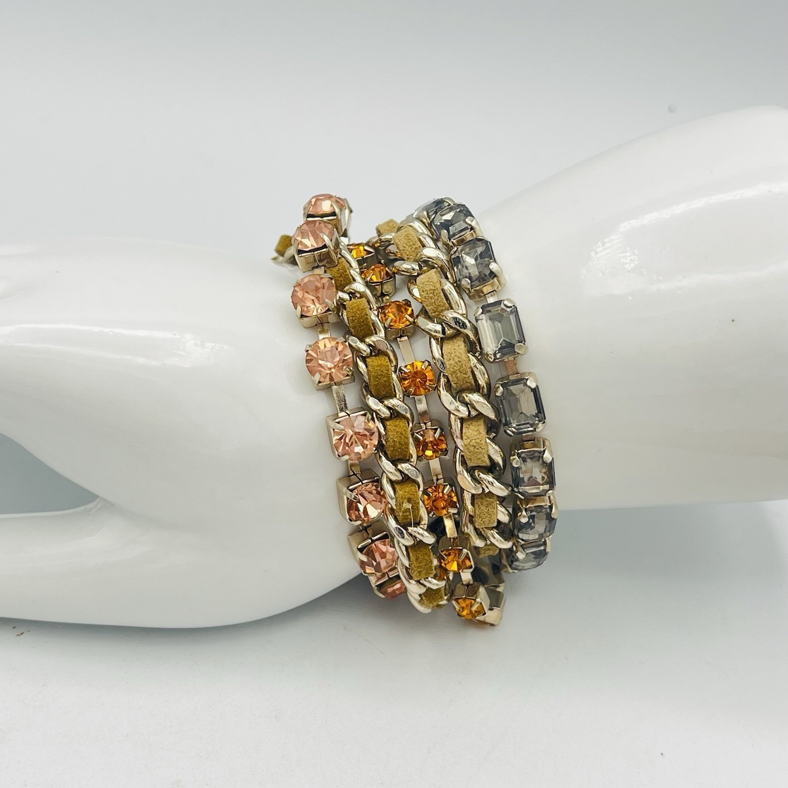 Multichain Beaded Crystal Leather Gold Chain Magnetic Bracelet Pink Orange Gray 14$